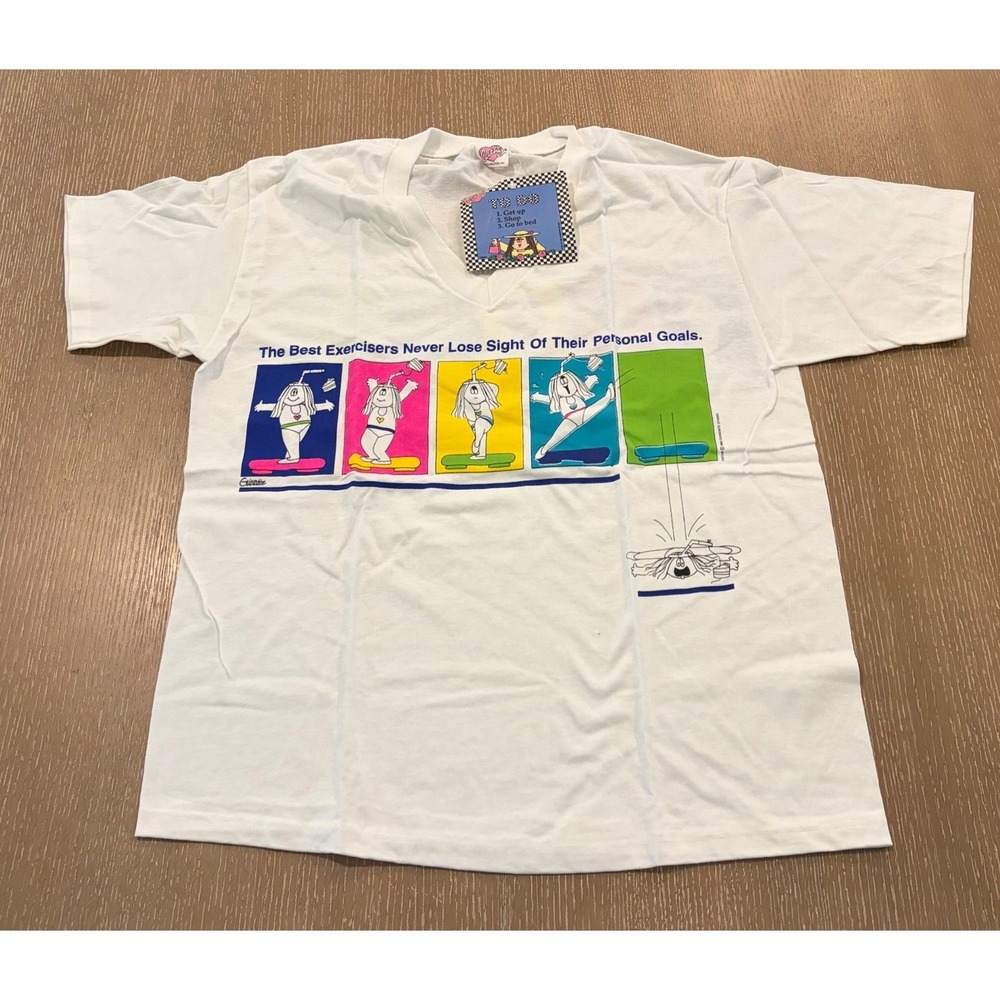 Vintage 1992 Cathy Women's XL White Exercise Goals Comic Graphic T-Shirt NWT